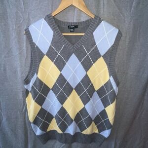 J. Crew Grey Blue Yellow Argyle 100% Cotton V-neck Sweater Vest Mens Preppy Sz L